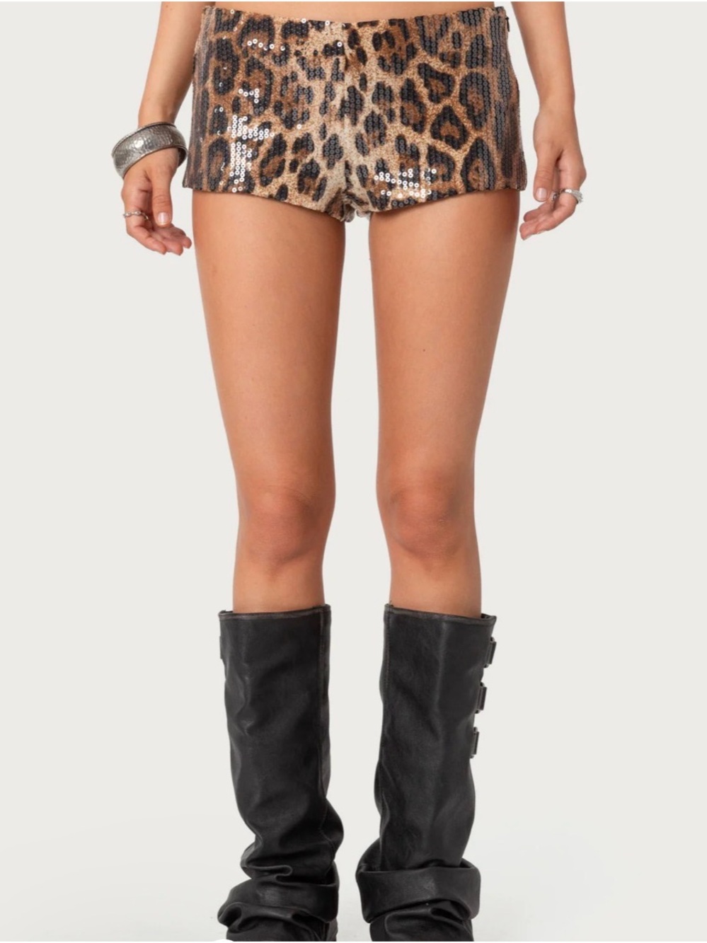 Edikted Leopard Sequin micro Shorts in Brown